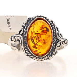 Sterling Silver Amber Cocktail Solitaire Ring - 925 Oval Cabochon