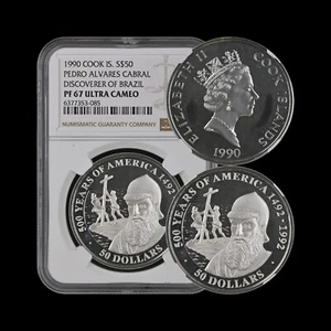 COOK ISLANDS. 1990, 50 Dollars, Silver - NGC PF67 - Pedro Alvares Cabral, Brazil - Picture 1 of 5