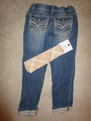 Girls Denim Jeans Cuff Lace Distressed Embroidery Adusts Imperial Star Youth 12 - Image 1 of 4