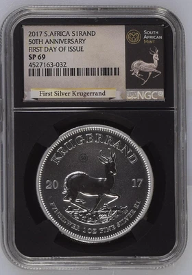 2017 Silver Krugerrand 50th Anniversary FIRST DAY ISSUE SP-69 CoA Free Bag - Image 1 of 4