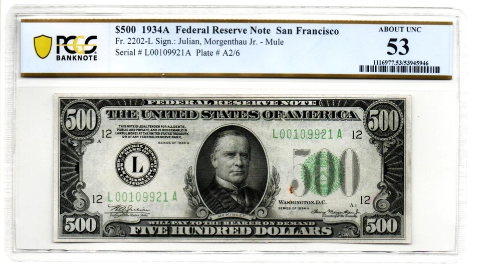 Fr. 2202-L (LA Block) 1934A Federal Reserve Note PCGS AU 53 - Image 1 of 2