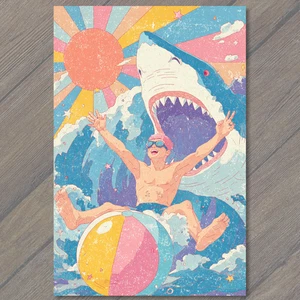 Art Print Retro Summer Shark Attack Beach Ball Funny Surreal Ocean Waves Art - Picture 1 of 1
