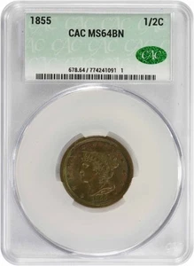 1855 Half Cent MS64BN CACG - Picture 1 of 4