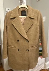 Talbots Women's Tan Wool Pea Coat Jacket Double Breasted Petite Large NWT - Picture 1 of 16