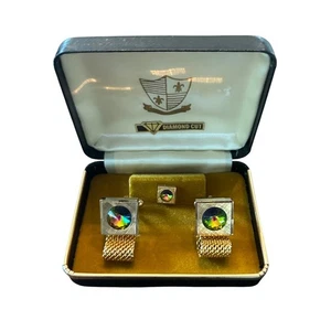 Vintage Diamond Cut Cufflinks Tie Tack Set Iridescent Stone Gold Tone Case Men's - Picture 1 of 6