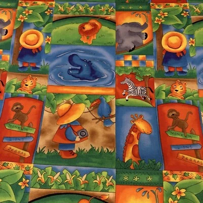 Suzie Q At The Zoo Fabric By Fabri-Quilt Blue Green Yellow Safari Animals 2+ Yds - Image 1 of 4