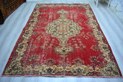 Antique Red Medallion Handmade Rug, 6.8x9.7 ft, Turkish Oriental Faded Red Rug, - Image 1 of 4