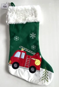 Christmas Stocking Fire Truck Red Green & White Soft Embroidered Stocking 17.5" - Picture 1 of 4