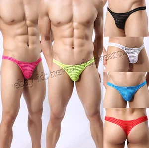 Sexy Hombres Tiras bajas Transparente T-back Ropa interior Suave Rayas Gasa Bolsa Bikini Tangas - Imagen 1 de 13