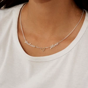 Bordstein Halskette Mit Zwei Namen Herz Silber 925 Rhodium Hypoallergen Geschenk - Bild 1 von 3