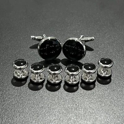 Conjunto de tachuelas camisas redondas esmaltadas negras para hombre regalo esencial de boda en caja Foto 1 de 4