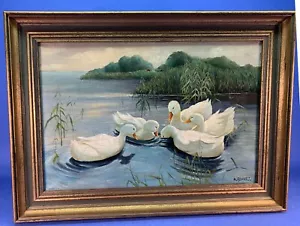 Vintage Artist Signed H Aehnelt White Ducks in Lake Oil on Canvas 14x20 #A30 - Picture 1 of 5