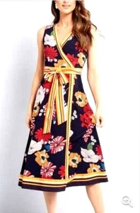LIZA LUXE Dress Faux Wrap Midi Tie-Waist Sleeveless Lined Floral Print Sz M NWT - Picture 1 of 14
