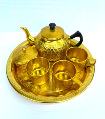 Vintage Style Thai Design Gold Tray Aluminium Tea Kettle Set &1Bowl 3 cups Gift - Image 1 of 4