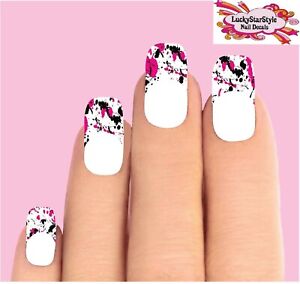 Waterslide Nail Decal Tips Set of 10 - Pink Black on Clear Paint Drip Splatter