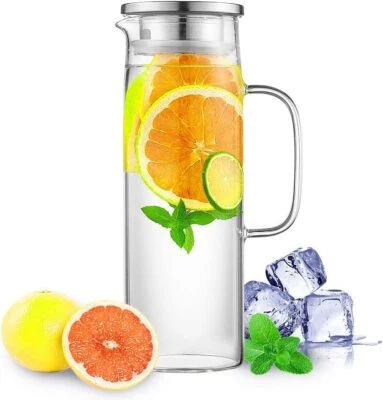 PALAIS ESSENTIALS Glass Jug Water Carafe Made of Borosilicate Glass, 44 Oz Glass Jug with Lid