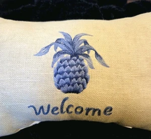 Small Decorative Pillow Welcome Pineapple Blue Embroidered Accent Guestroom  - Picture 1 of 3