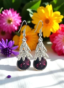 Flower Pedals Purple Swarovski Elements Crystal Earrings 18K White Gold Plated - Picture 1 of 5