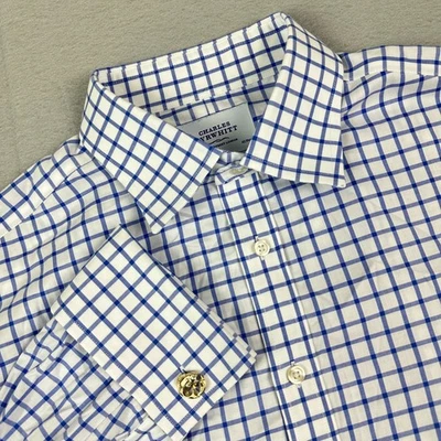 Charles Tyrwhitt Mens Dress Shirt 17 36 white Blue plaid Button french cuff - Image 1 of 4