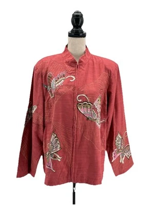 Blutique Womens Butterfly Jacket Coral Plus Size 1X Zippered Embroidered Sequin - Image 1 of 4