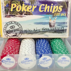 Corona Extra Bier Poker Chips 100 Stück 11,5g Profi Qualität weiß rot blau grün Set - Bild 1 von 20