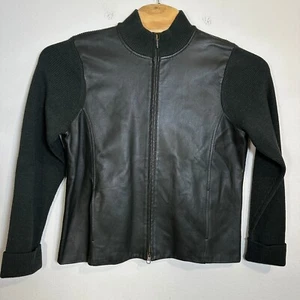 Vtg 90s Pendleton Full Zip Sweater Jacket Womens XL Green Leather Merino Wool - Picture 1 of 6