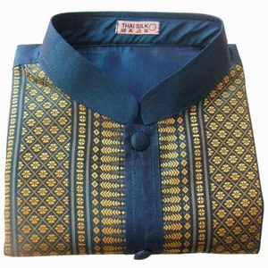 Mens Mandarin Collar Shirt Thai Silk Dark Blue Striped Short Sleeve Casual / XXL - Picture 1 of 3