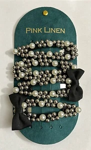 Pink Linen 4 Piece Hair Clip Set Faux Pearl and Silver Tone Beaded New On Card - Picture 1 of 3