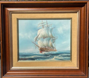 Tableau et son cadre- huile sur toile du voilier , peint mains et signé - Foto 1 di 13