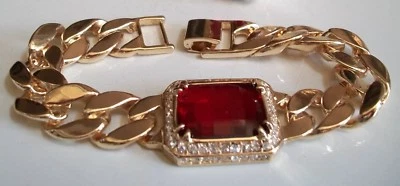 男式宝石红色和金色饰面古巴链接时尚正装 HIP HOP 手镯 — 第 1/4 张图片