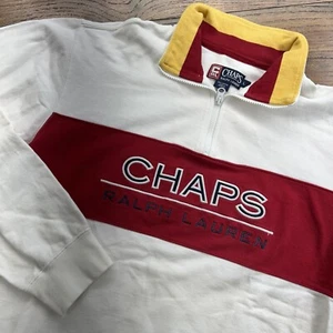 Vintage Chaps Ralph Lauren Sweater Large White Red 1/4 Zip Color block Spell out - Picture 1 of 8