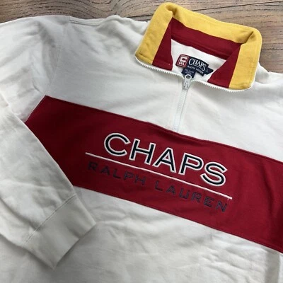 Vintage Chaps Ralph Lauren Sweater Large White Red 1/4 Zip Color block Spell out - Image 1 of 4