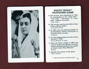 INDIRA GANDHI, Indian Prime Minister~1984 Hoyle Photo Trivia Potpourri game card