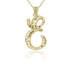 Collar Colgante Letra Inicial Cursiva Corte Circonita C Oro Amarillo Sólido 10k “E” - Imagen 1 de 4