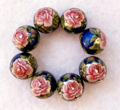 7 Lovely Japanese Tensha Beads Large Pink Rose on Blue 12mm - Image 1 of 4