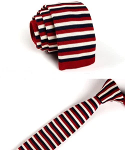 Red White Navy blue Striped Tie Knit Knitted Necktie Slim Narrow Skinny ZZLD063 - Picture 1 of 1