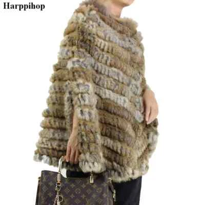 Women Luxury Pullover Knitted Fur Poncho Cape Real Fur Knitting Wraps Shawl Coat - Image 1 of 4