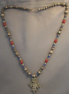 Authentic Ethiopian Coptic Tribal silver Cross Pendant Trade Bead Necklace 28" - Picture 1 of 17