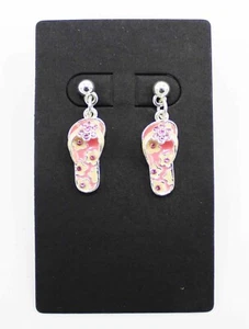 Neu Silber Flip Flop Sandale Ohrringe mit rosa Kristallen #E1228A - Bild 1 von 2
