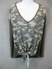 Indochine Top Womens Large Green Camoflauge Knit Mixed Media Tie Waist V Neck