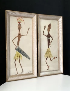 Vintage Tiki Art 50’s 2 Original Watercolors On Paper Calypso Dancers 25”x12” - Picture 1 of 12