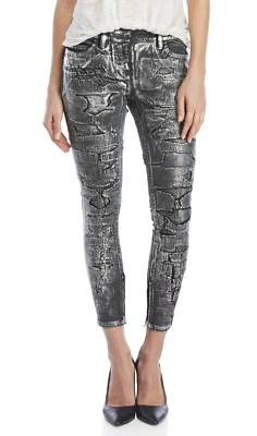 Pantalones de mezclilla ajustados desgastados recubiertos metálicos Faith Connexion plateados 28 X 27 $1250 nuevos Foto 1 de 4