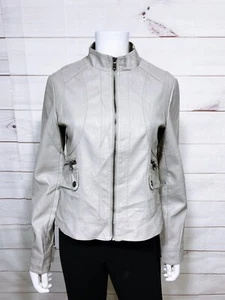 Gallery New York Womens Faux Leather Jacket Sz S Gray Full Zip Long Sleeve Lined - Picture 1 of 9