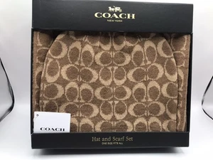 WOMEN'S COACH BROWN/KHAKI SIGNATURE C PATTERN WOOL/ACRYLIC BEANIE/SCARF BOX SET - Picture 1 of 9