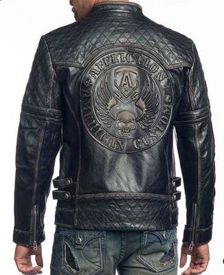 Men's Biker Jacket Real Leather Embossed Back Breaking Free Motorcycle Style - Image 1 of 3
