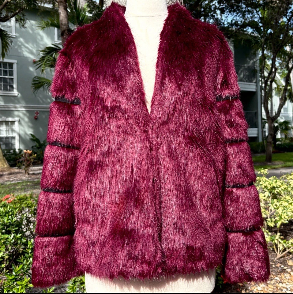 Fair Child Burgundy Purple Faux Fur Jacket Size S Designer Y2K Trendy Lux Coat - Image 1 of 4