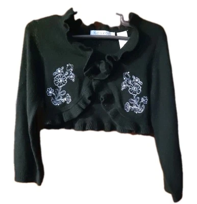 Niñas Negro Bolero Recortado Encogerse de hombros Suéter-Niño Pequeño 3T Con Bordado Floral Plateado Foto 1 de 3