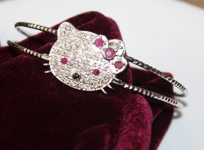 1.54ct  Natural Round Diamond 14k Solid White Gold Ruby Hello Kitty Bracelet - Image 1 of 4