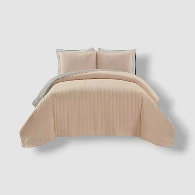 Juego de 3 edredones reversibles lisos a rayas suaves rosa/gris decoración exuberante, completo/reina Foto 1 de 4