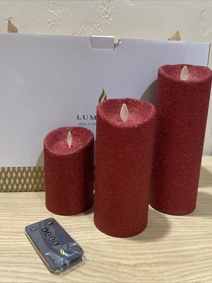 Luminara Flameless Moving Wick Candle Set of 3 Red Glitter NEW - Image 1 of 4